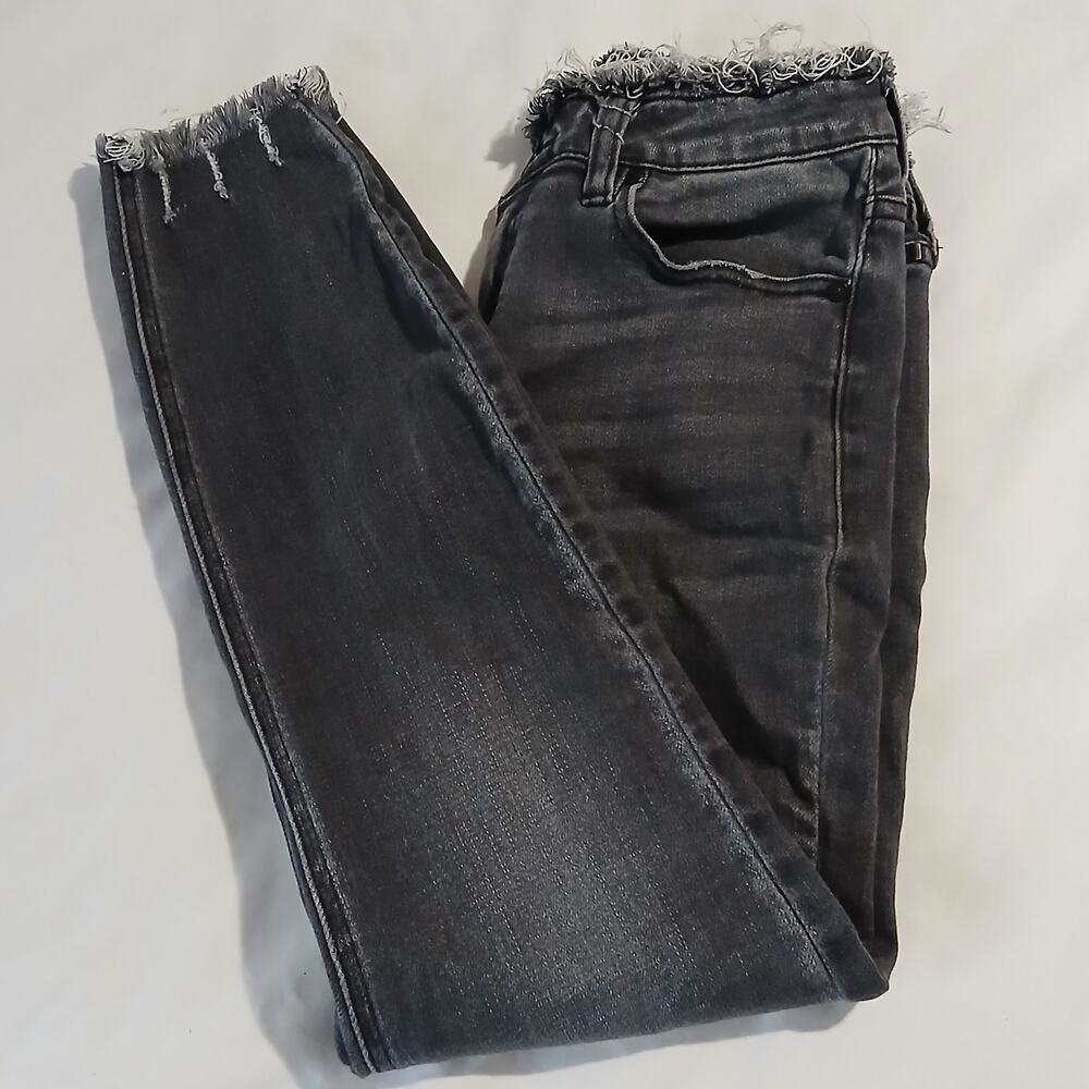 KanCan Women's 27 Distressed Black Raw Hem/Waist Denim Tapered-Leg Jeans